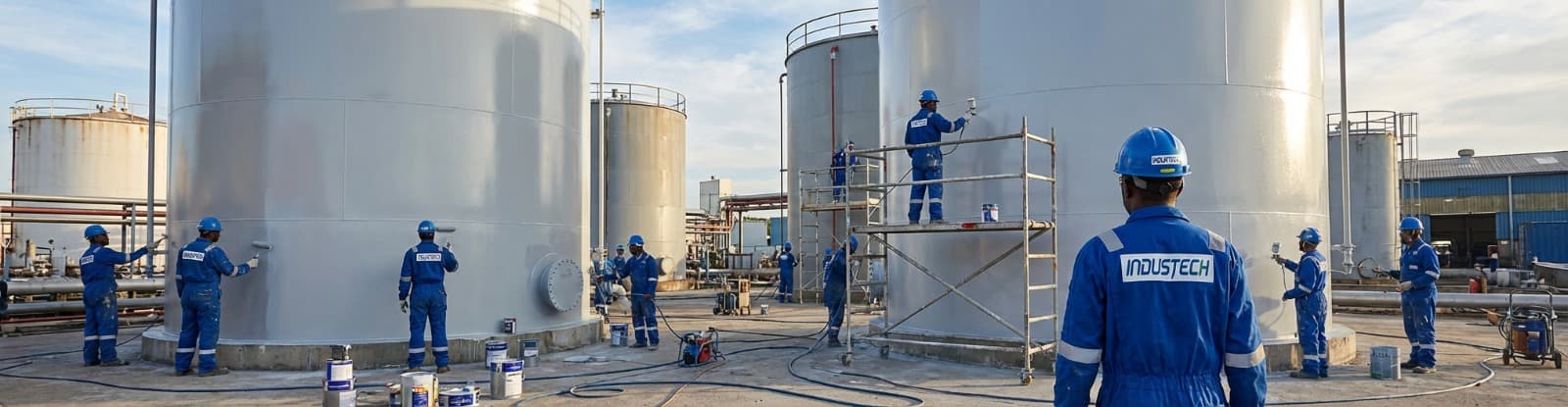 Équipe INDUSTECH en combinaison bleue peignant des réservoirs de stockage sur un site industriel