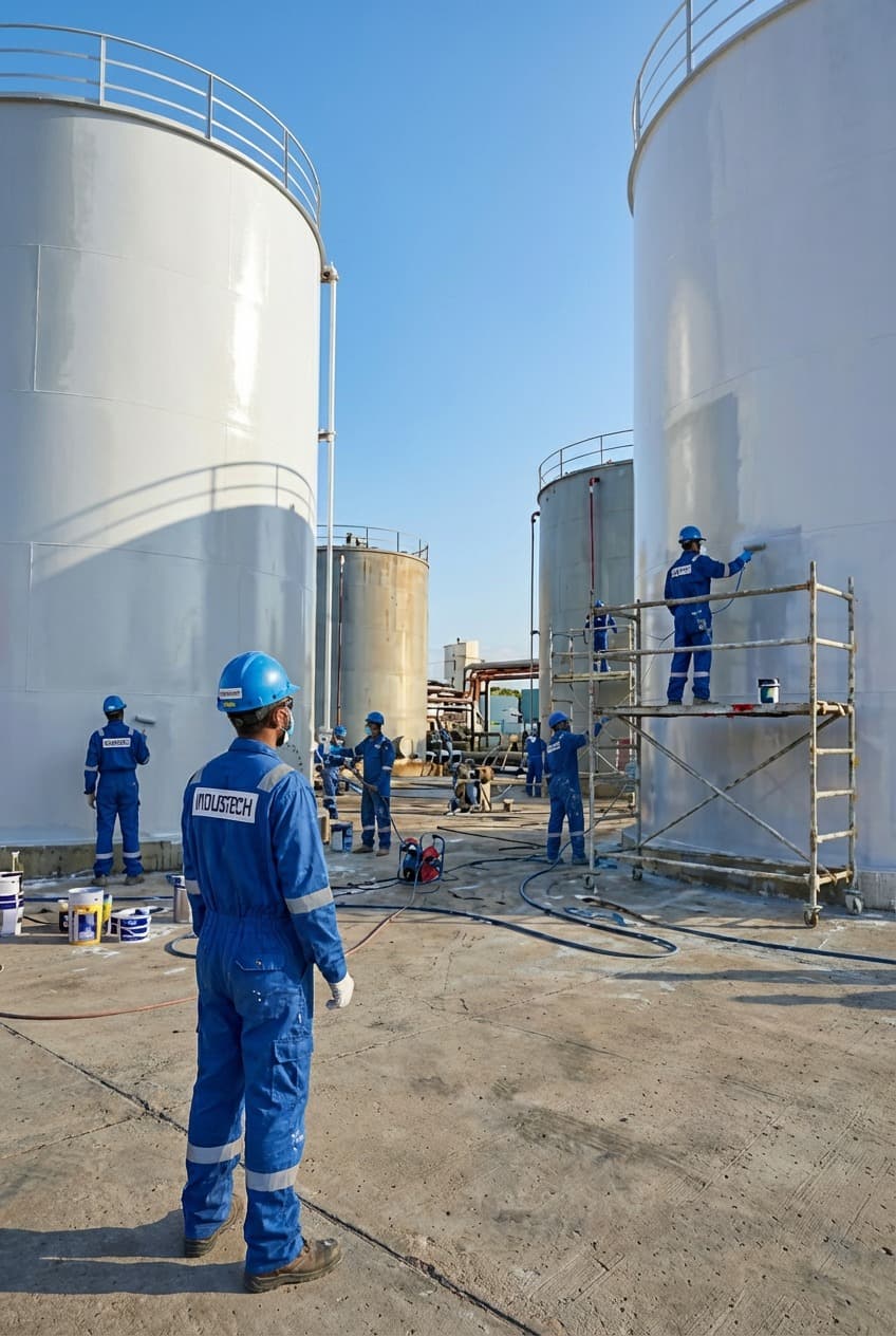 Chantier de peinture anticorrosion sur plusieurs réservoirs, vue panoramique avec échafaudages