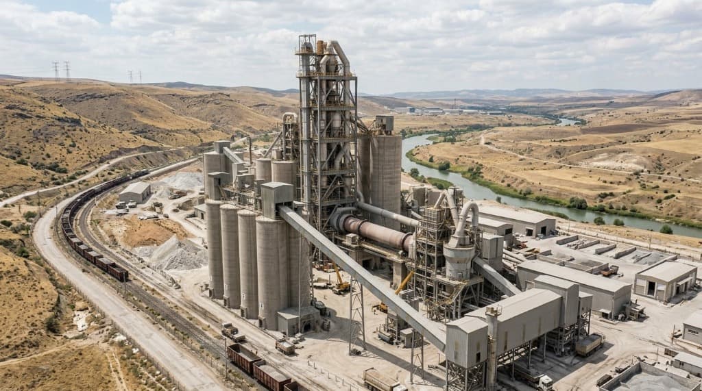 Installation industrielle et cimenterie avec convoyeurs et silos