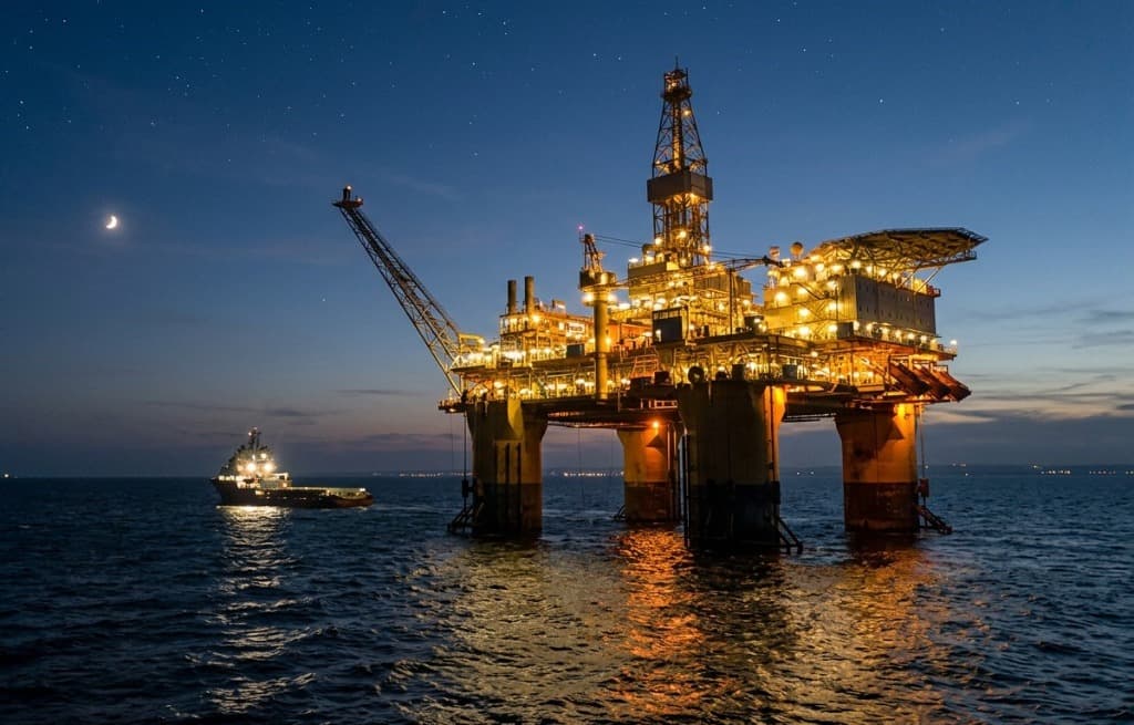 Plateforme pétrolière offshore et navire de ravitaillement au crépuscule