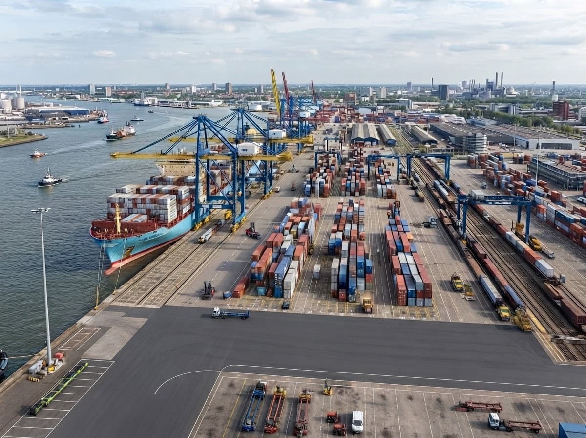 Vue aérienne d'un terminal à conteneurs avec portiques et voies ferrées