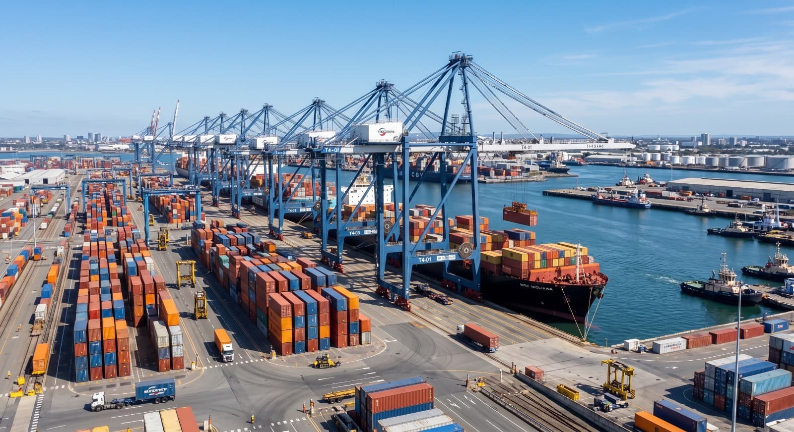 Aerial view of a port terminal with gantry cranes, containers and a berthed vessel