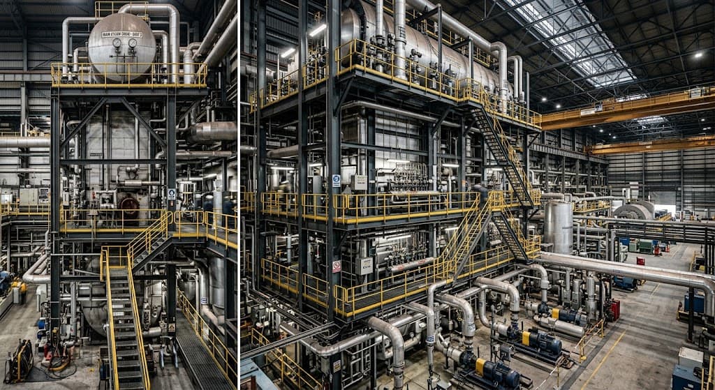 Boiler and steam pipework inside an industrial power plant