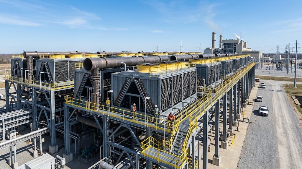 Air-cooled condensers on an elevated platform at a power plant