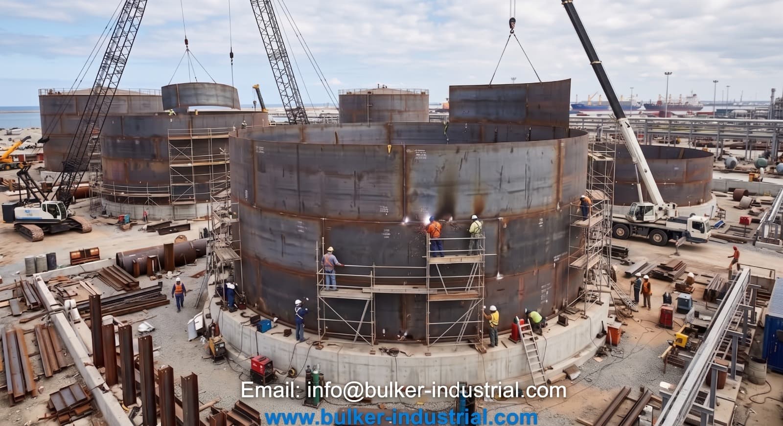 Storage tank erection and welding at a port site