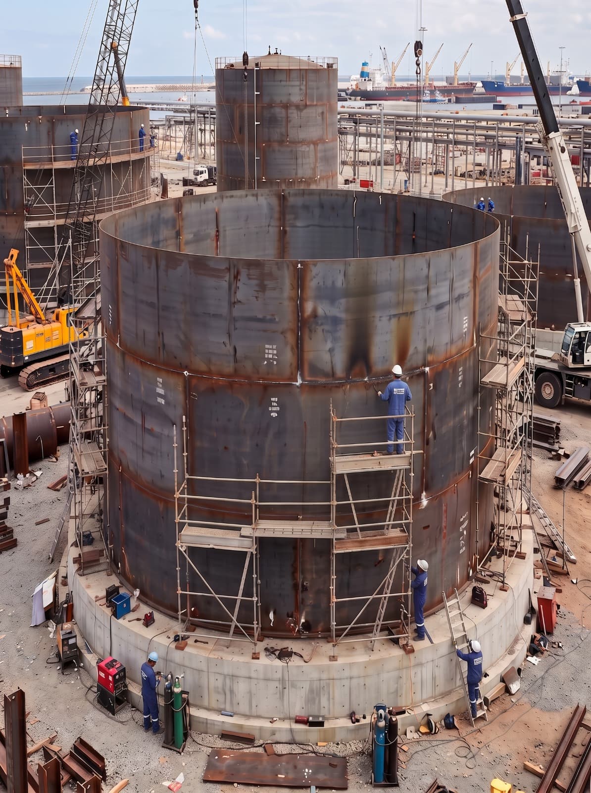 Welders at work on the shell of a storage tank under construction